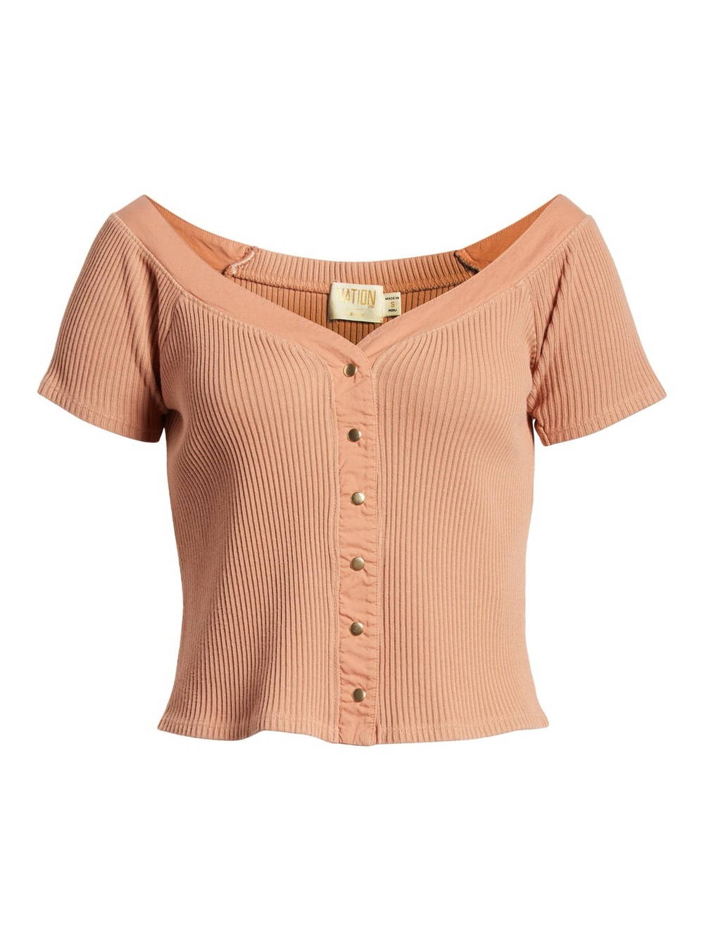 Nation LTD Peach Ribbed Off-Shoulder Snap-Front Alessia Rivera Crop Top